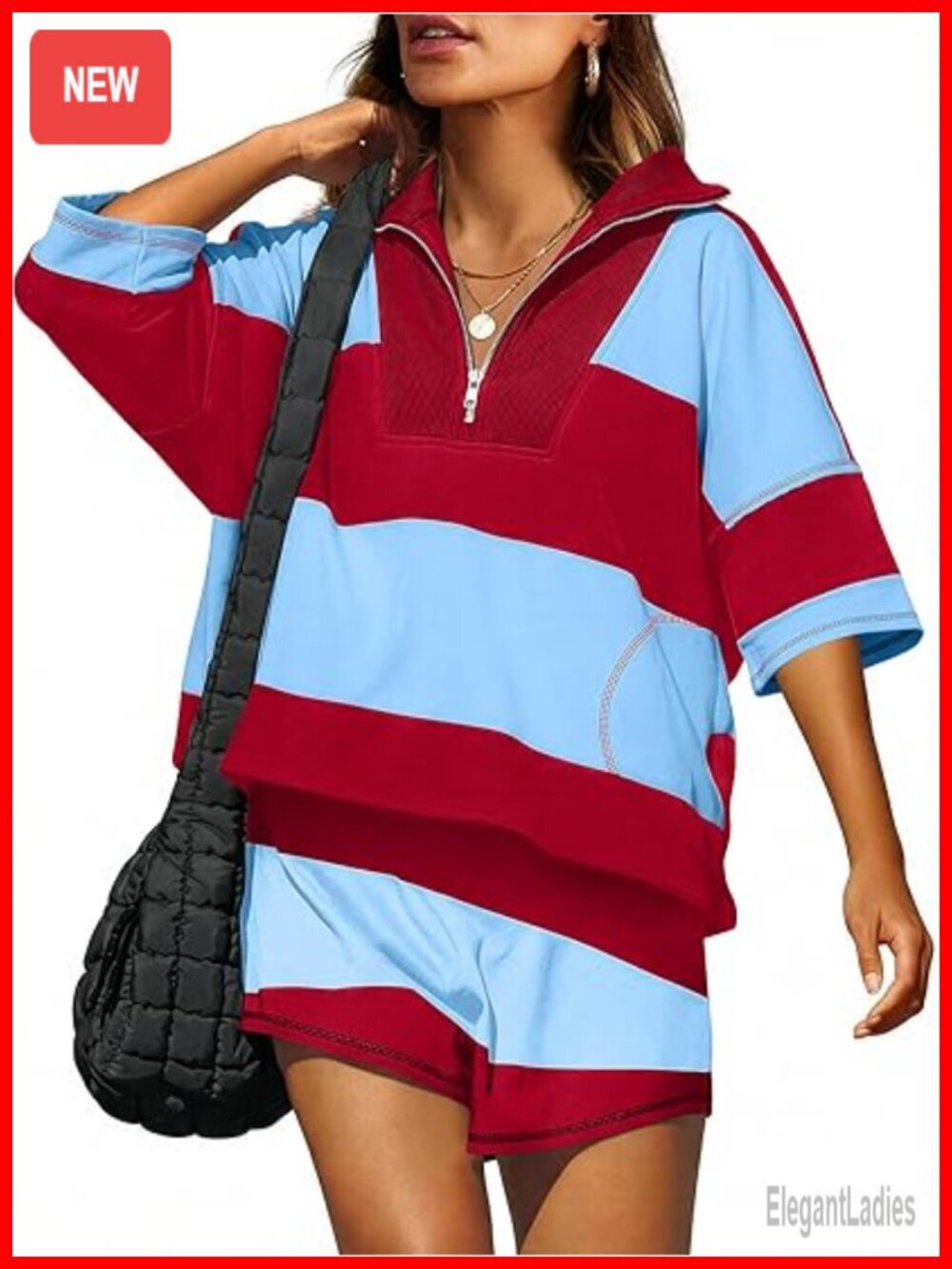 Striped 2 Piece Short Set - Oversized Polyester Lounge Workout Outfit